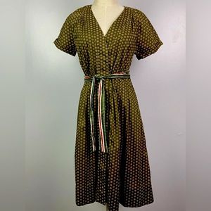 Womens Lands End Dress Olive Green Floral Print Retro Look Belted Pockets